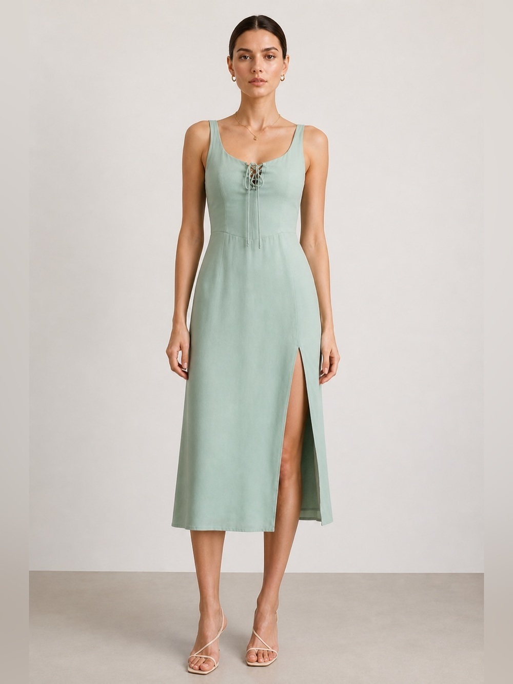 Abercrombie & Fitch pale sage green slit front corset seamed midi dress. XS